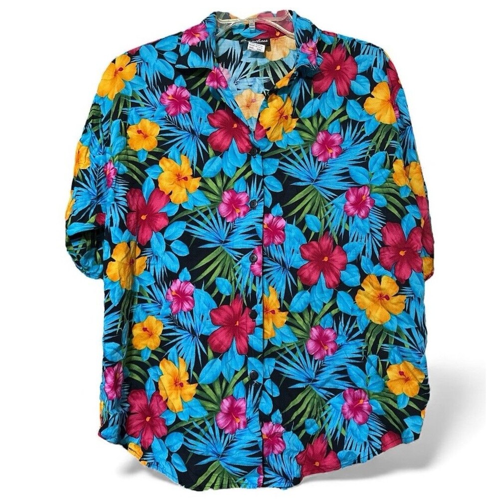 Caribou New York Hawaiian Shirt Medium Bright Floral Rayon Made in USA Vintage